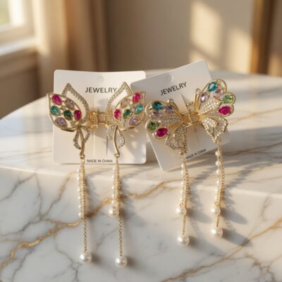 6 Pinzas Mariposas Premium con Pedreria y Perlas $22 c/u
