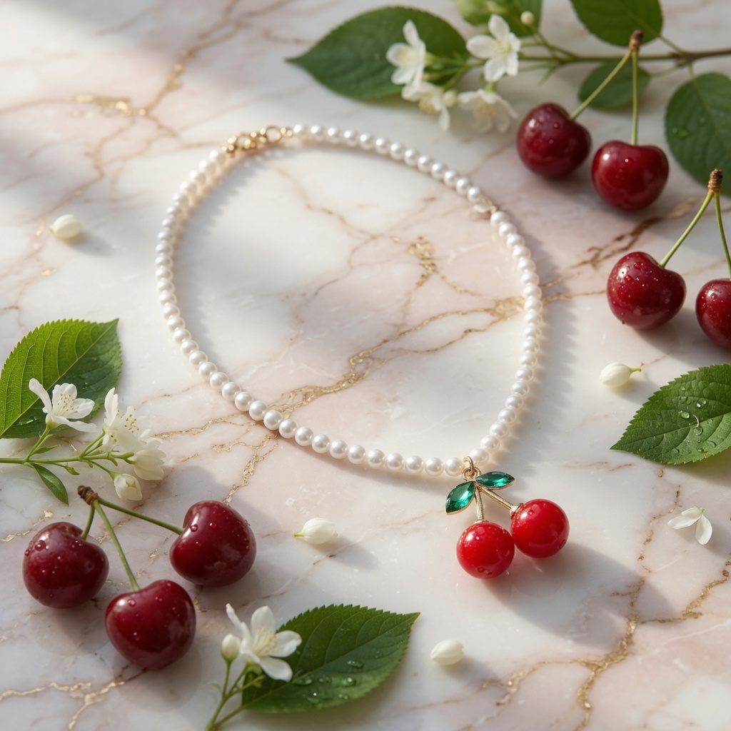 12 Collares Cereza y Perlas Hermosas $14.5 c/u