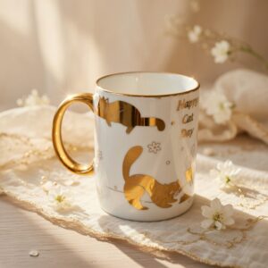 Alternative view of 3 Taza "Happy Cat Day" Dorada $32 c/u