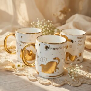 3 Taza "Happy Cat Day" Dorada $32 c/u