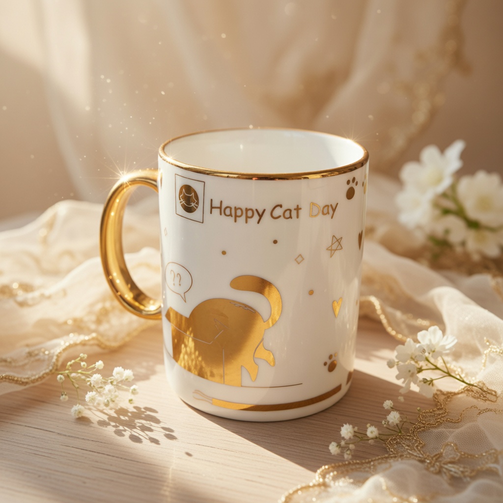 3 Taza "Happy Cat Day" Dorada $32 c/u - Image 3
