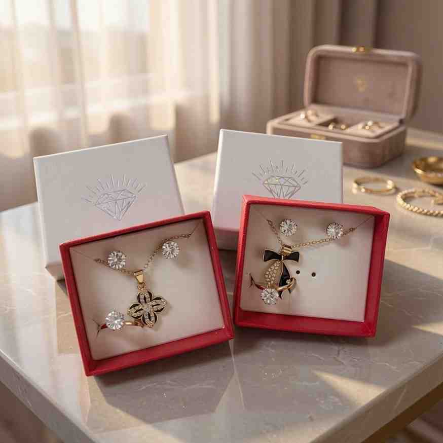 Sets Joyeria Collar,Anillo y Aretes con Pedreria y Caja de Regalo Dorada - Image 3