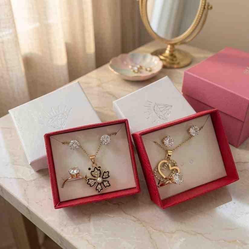 Sets Joyeria Collar,Anillo y Aretes con Pedreria y Caja de Regalo Dorada - Image 4
