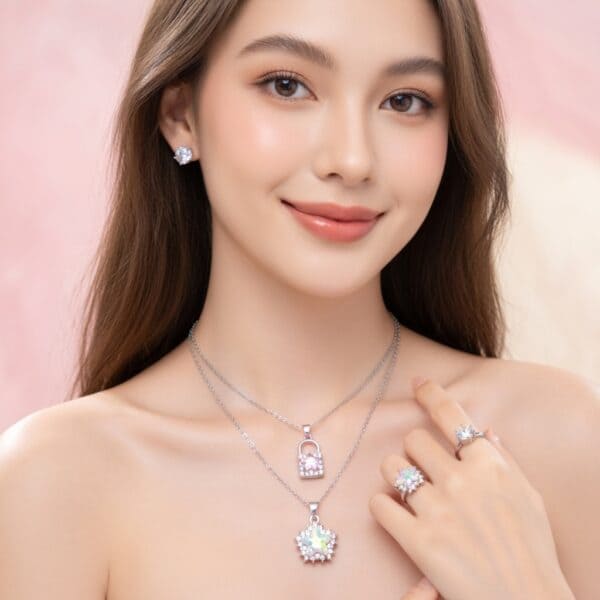 Sets Joyeria Collar,Anillo y Aretes con Pedreria y Caja de Regalo Plateada - Image 2