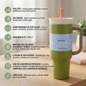 Termo Vaso para Agua 40oz con Popote y Agarradera - Imagen 3