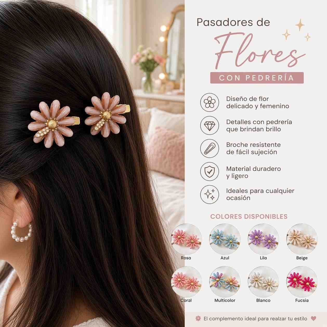 Du贸s de Pasadores Flores con Pedreria Dorados - Imagen 3
