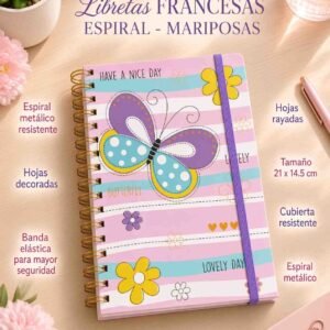 Libreta Mariposas Pasta Dura y Doble Espiral Rayada