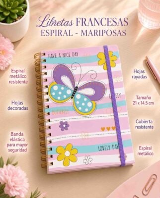 Libreta Mariposas Pasta Dura y Doble Espiral Rayada