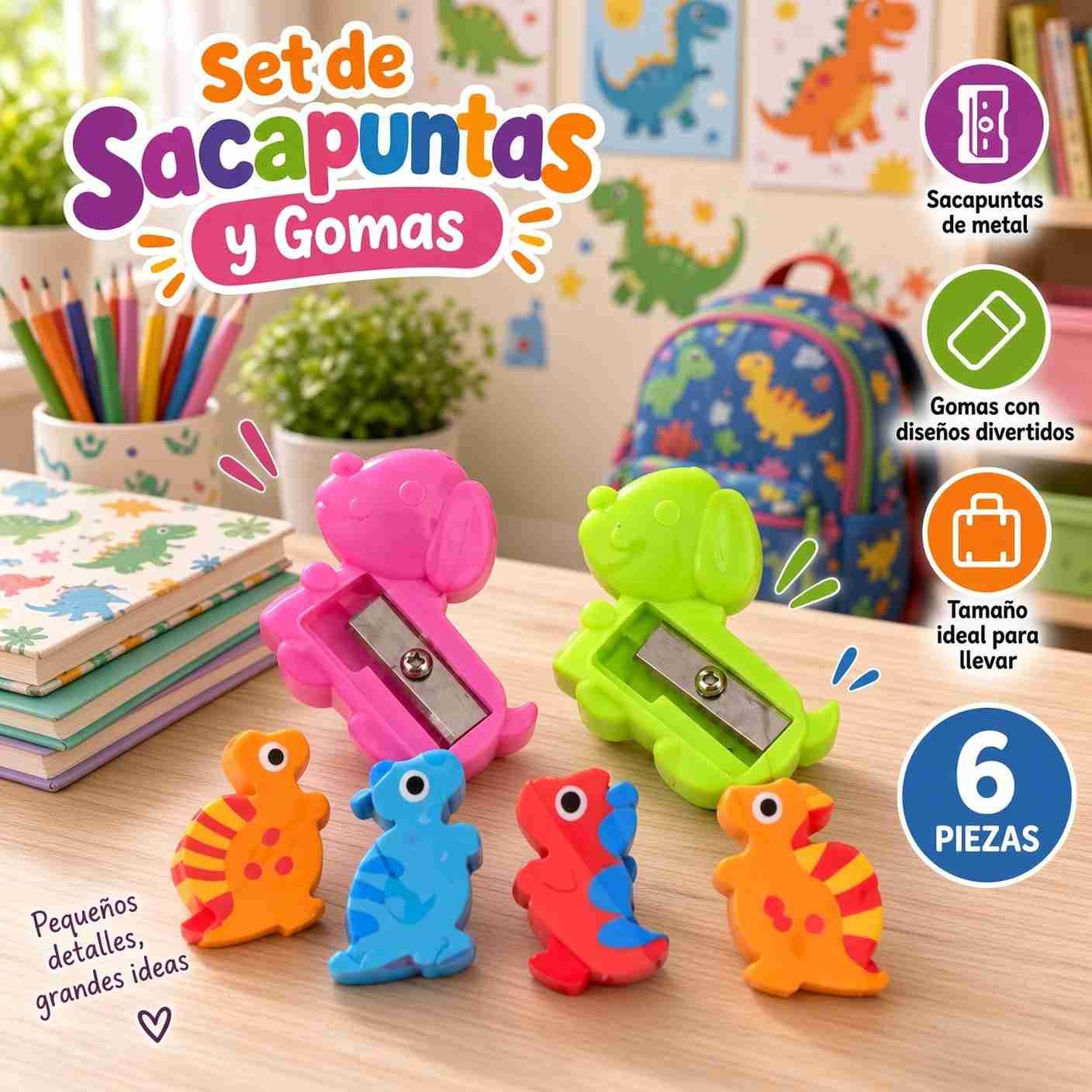 Sets de Sacapuntas Perritos y Gomas Dinosaurios - Imagen 2