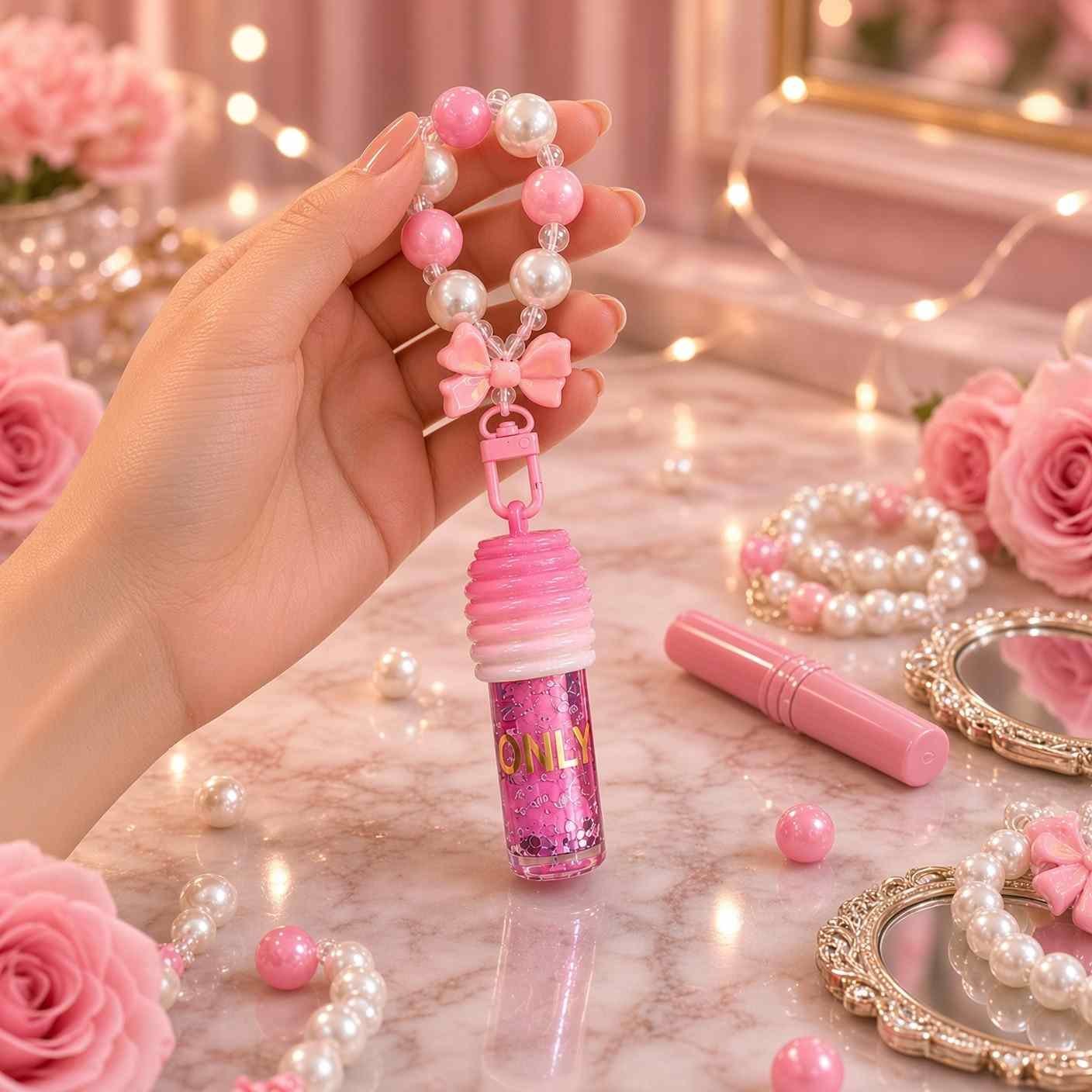 Gloss "Honey" con Llavero de perlas Hermosas